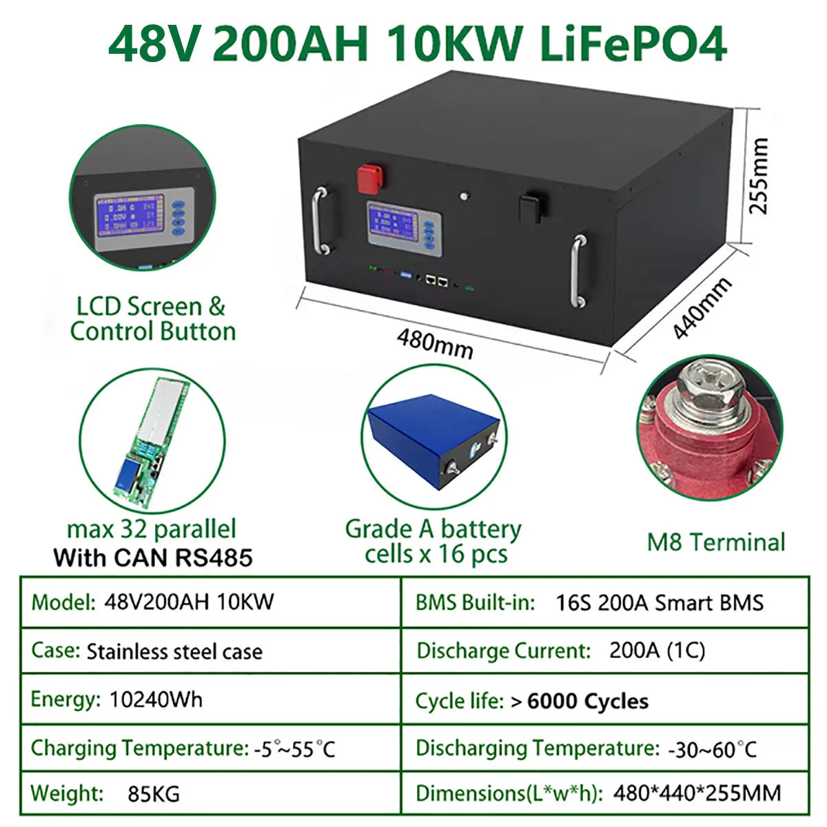 LiFePO4 48V 200AH 10KW Battery, High-capacity lithium-ion battery pack for solar systems and inverters.