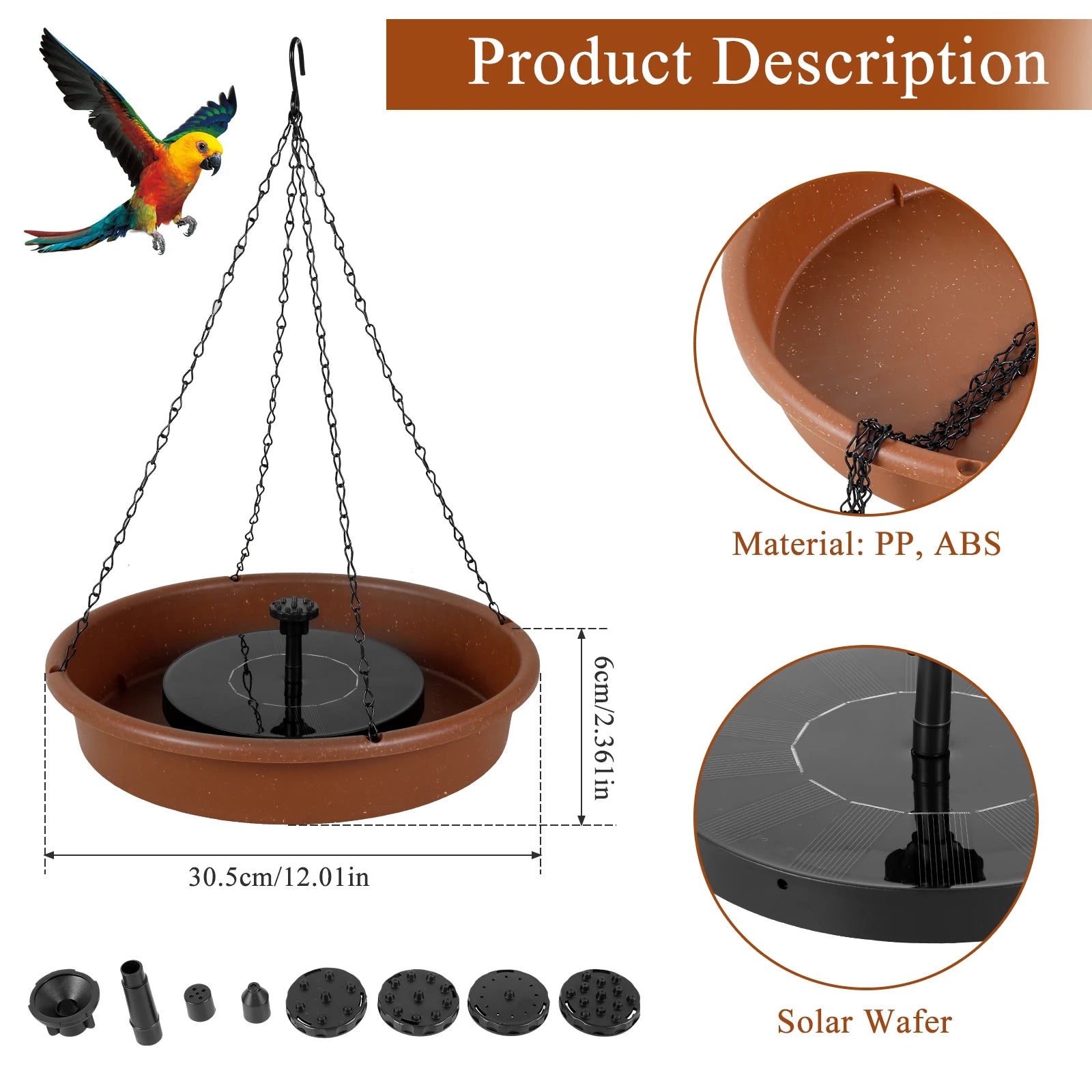 Solar Water Fountain, Solar-powered fountain made with durable materials measures 12 inches long.