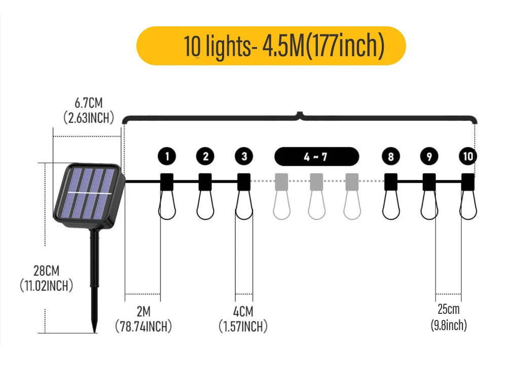 LED Solar String Light, String lights with 10 LEDs, 4.5m long and 6.7cm in diameter, ideal for outdoor decorations.