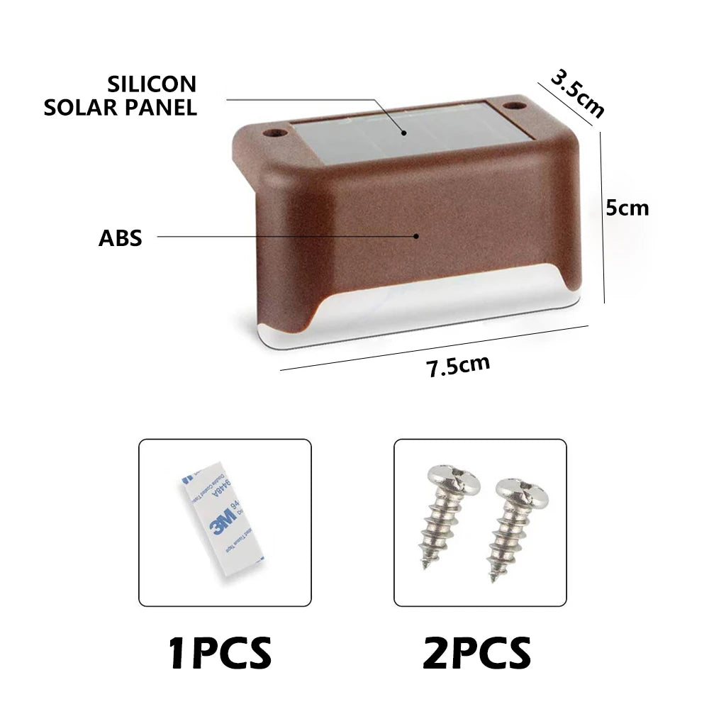 Water-resistant solar deck light with ABS shell and solar panels withstands rain, wind, and snow.