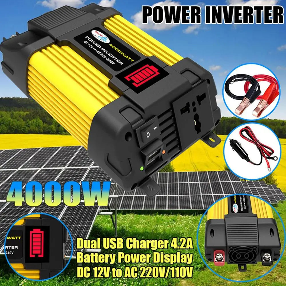 6000W Vehicle Power Pure Sine Wave Inverter, Pure sine wave inverter with LED display, AC outlet, and USB chargers converts 12V battery DC power to 110V/220V AC.