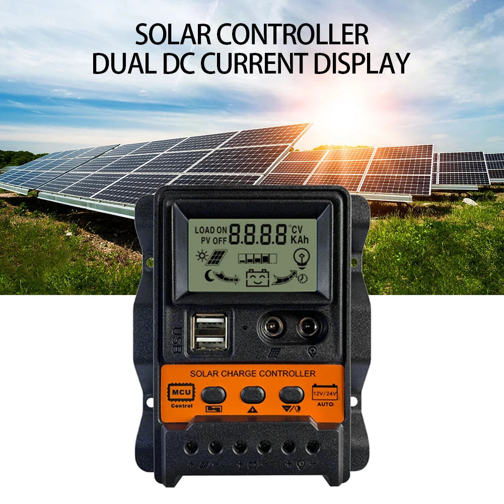 Dual USB LCD Solar Charge Controller, Dual USB LCD solar charger controller displays currents and regulates solar charging.