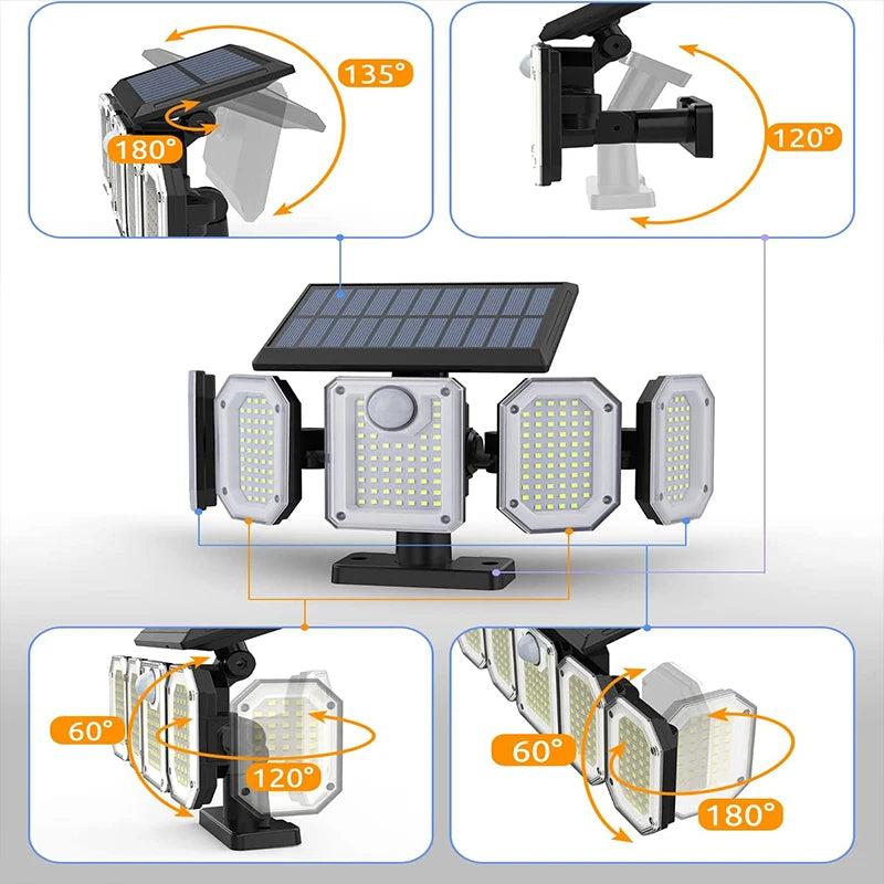 5 Heads Solar 300 LED Light, Waterproof outdoor solar lamp made with high-end ABS for patios, gardens, and more.