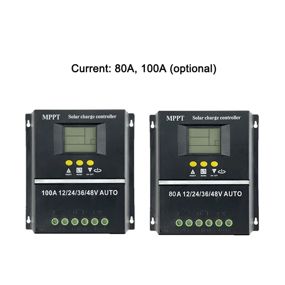 100A/80A MPPT/PWM Solar Charge Controller, Solar charge controller with MPPT tech, 0-100A capacity, and LCD display for monitoring.