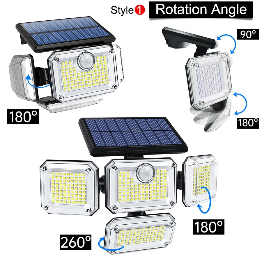 20w Super Bright Solar Light, Adjustable head with 270° wide lighting, sensing distance up to 16-26 feet.
