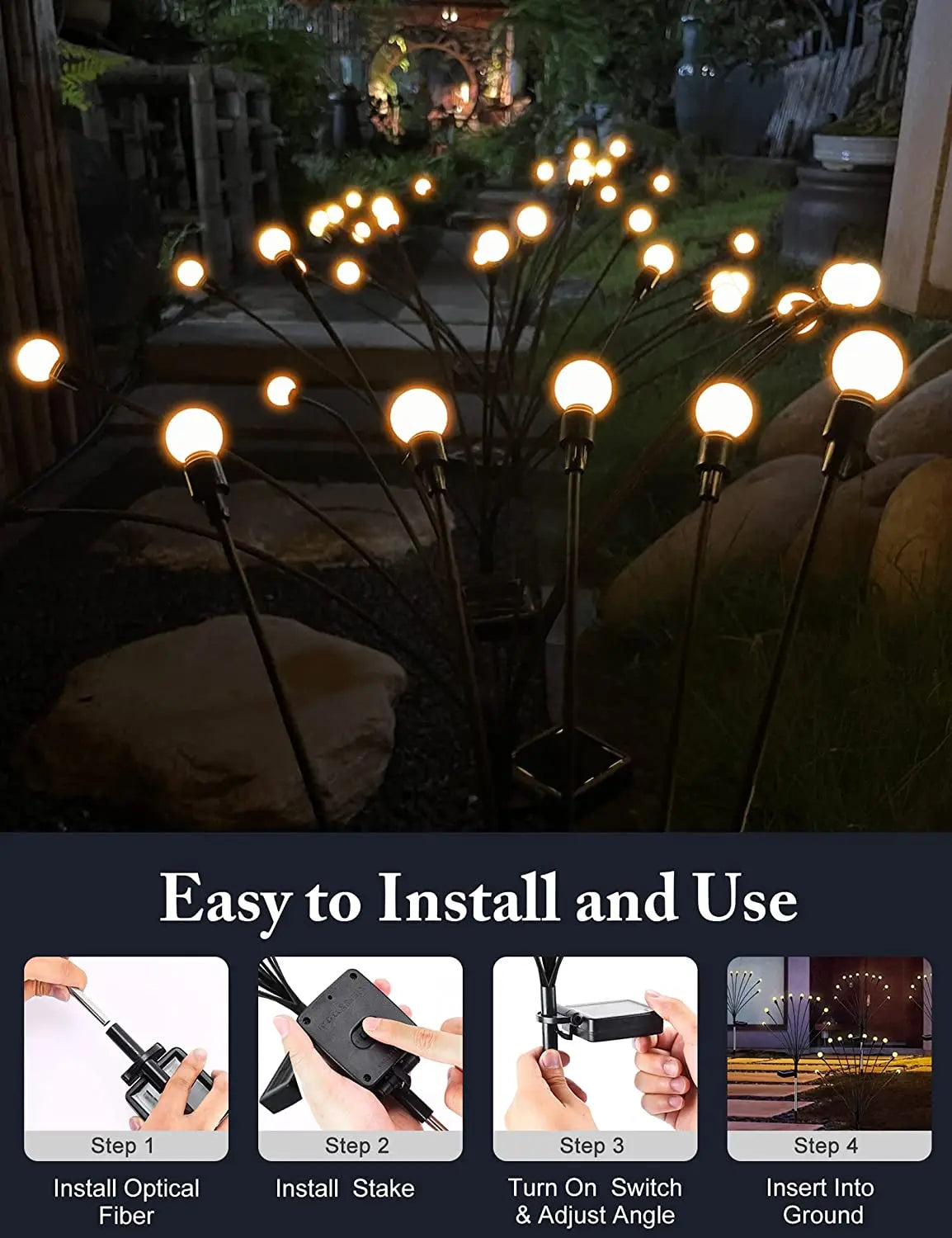 8Pack Solar Firefly Light, Quick and easy installation: stake, adjust, power up.