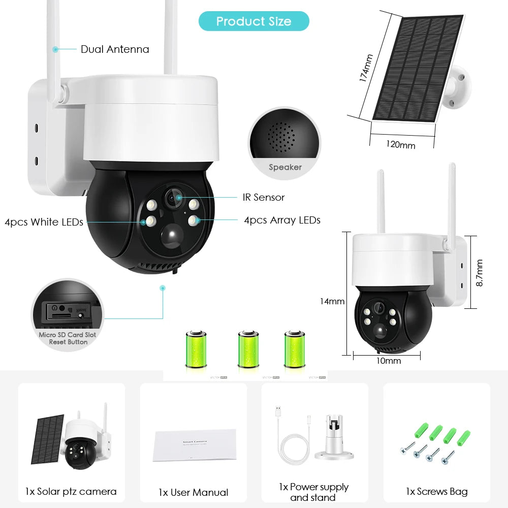 TQ2B - 1080P WiFi Solar Camera, Projector with dual antenna, speaker, sensors, LED lights, and expandable storage.