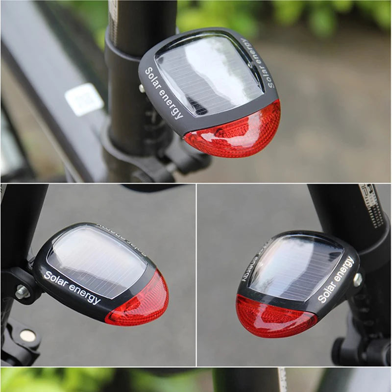 Bicycle 2 LED Taillight, Solar-powered bike taillight with LED lamps, ABS material, and water-resistant design.