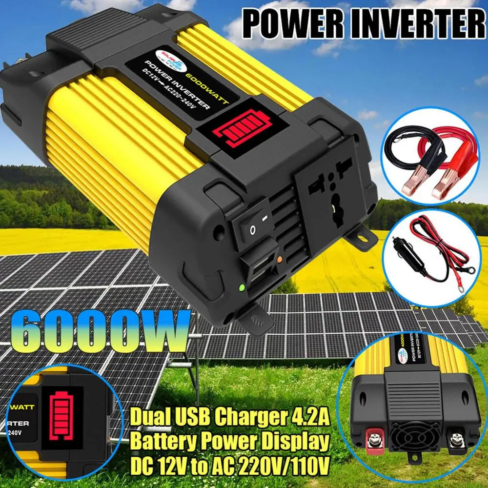 6000W Vehicle Power Pure Sine Wave Inverter, Pure sine wave inverter with LED display, AC outlet, USB ports, and car adapter for dual output and charging.
