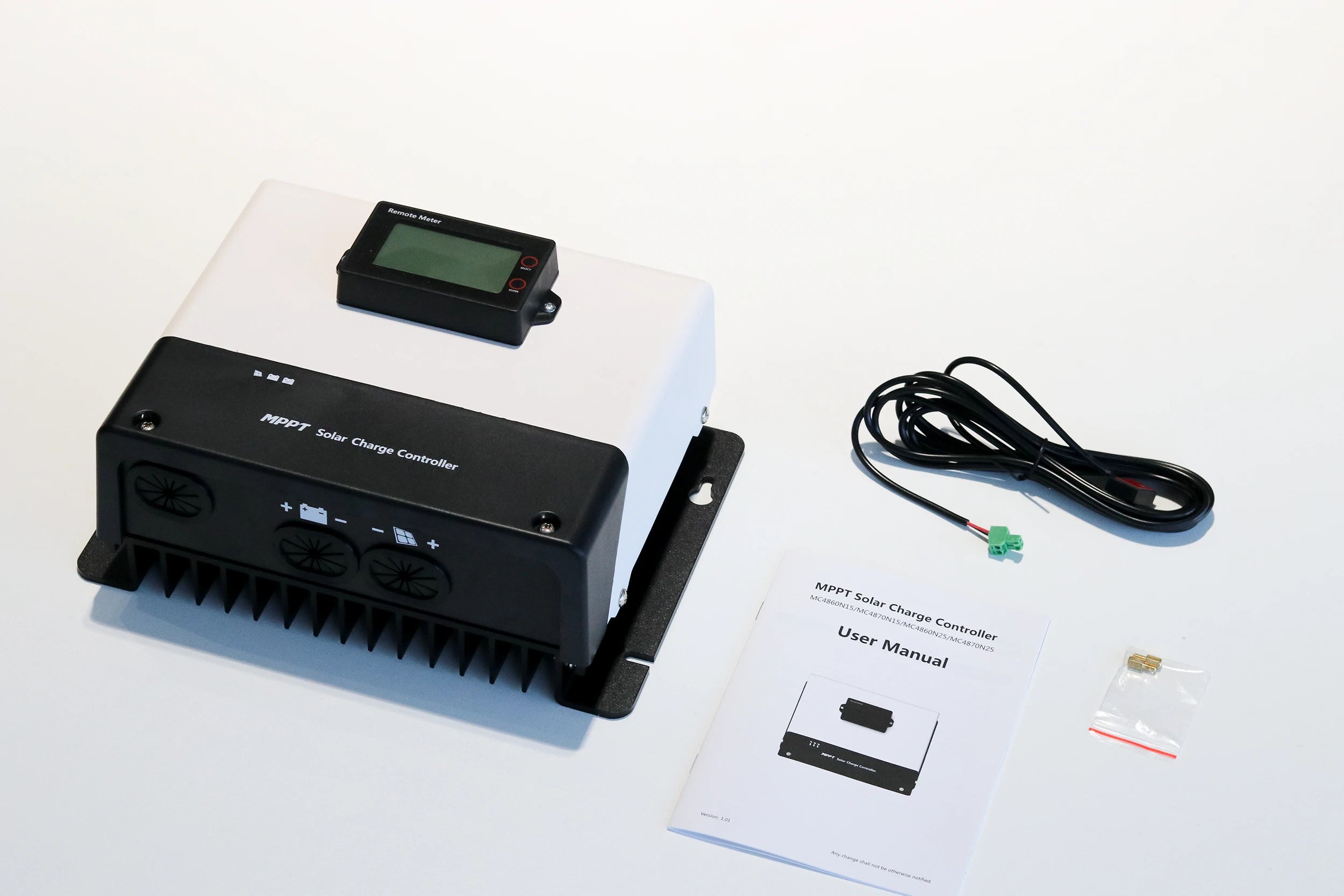 Solar controller regulates power from solar panel to battery, compatible with lithium, gel, and lead acid batteries.