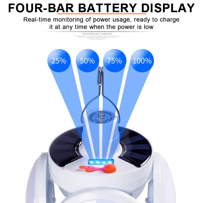 Portable Solar LED Light, Rechargeable solar lamp with USB port, water-resistant and foldable for camping, gardening, or emergency use.