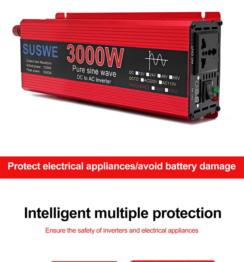 SUSWE Pure Sine Wave Inverter converts DC power to AC power, ensuring safe and reliable operation.