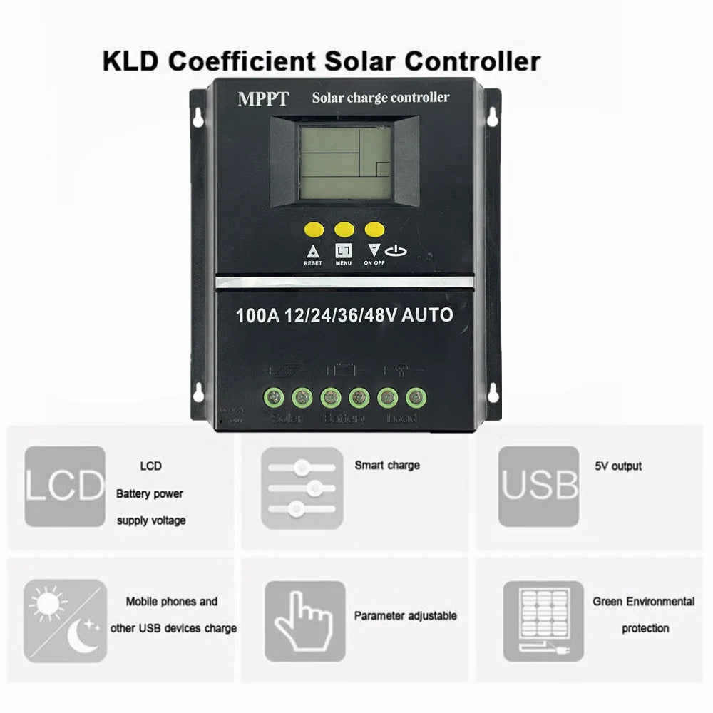 100A 80A 60A MPPT Solar Charge Controller, Solar charge controller with LCD display, adjustable settings, and auto-switching for charging batteries and USB devices.