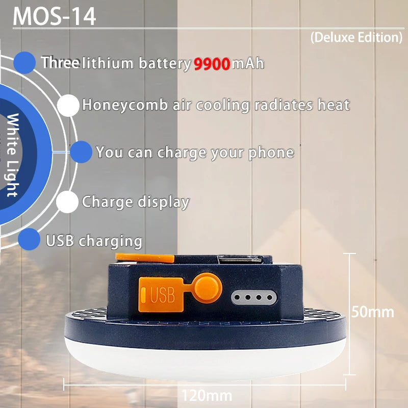 9900mAh LED Tent Light, Multi-functional rechargeable LED lantern with USB charging port for camping, outdoors, or emergencies.