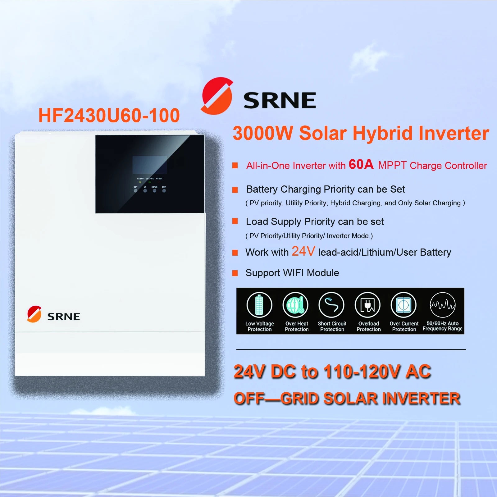 SRNE HF2430U60 all-in-one solar hybrid inverter with WiFi connectivity and various priority settings.