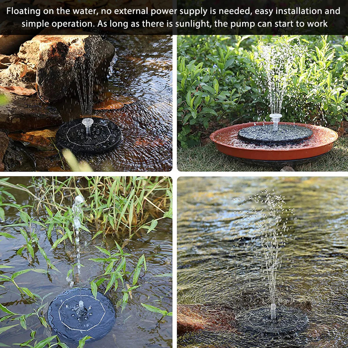 16cm Round Solar Fountain, Solar-powered floating device needs no external power; sunlight energizes pump.
