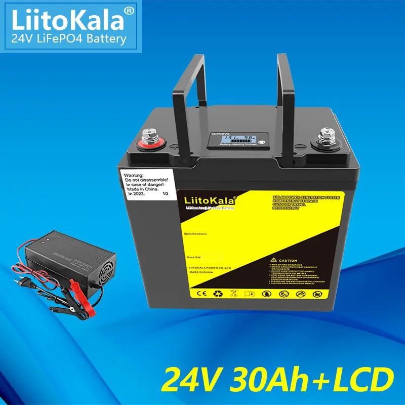 LiitoKala 24V 30Ah 40Ah lifepo4 battery, Reliable battery for RVs, golf carts, and off-grid use with 30Ah capacity and LCD display.