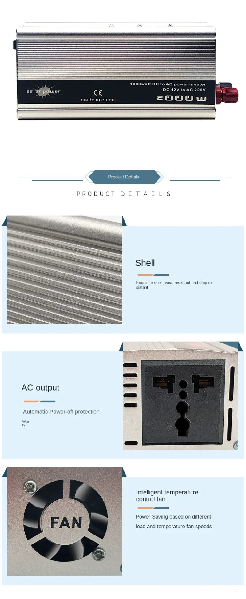 Modified sine wave inverter with high power output and USB socket, suitable for car or solar panel applications.