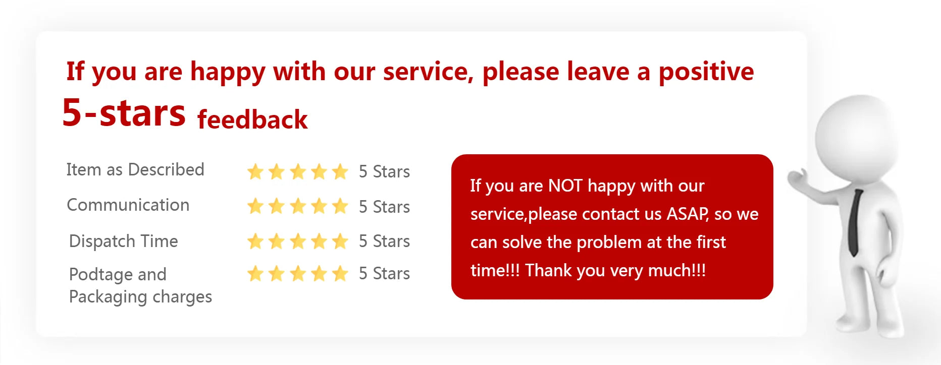 Leave 5-star feedback or contact us if not satisfied with service; we'll work to resolve any issues.