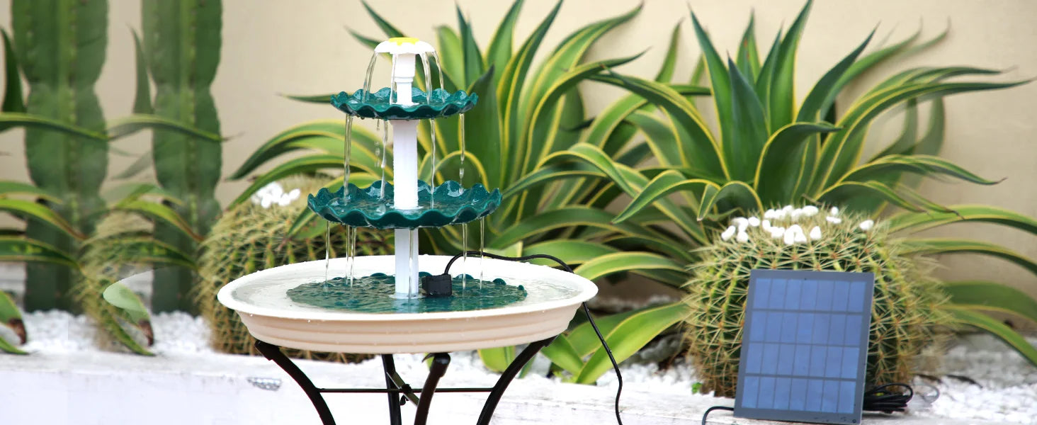 3 Tiered Bird Bath with 3W Solar Pump, Multi-tiered bird bath and feeder for outdoor use, perfect for adding seed or water in winter.