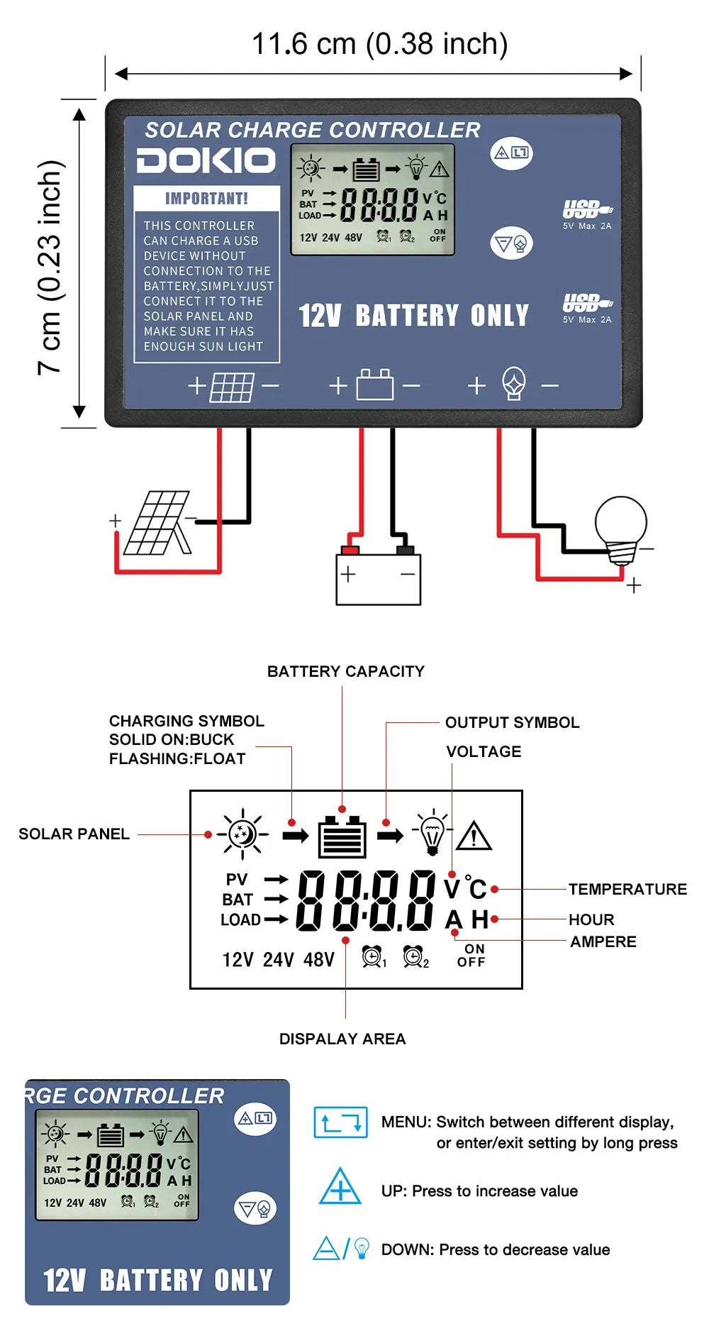 DOKIO 18V 100W 300W Portable Ffolding Solar Panel, DOKIO's Solar Charge Controller features easy interface with key functions: USB charging, max 2A output, and battery status indicator lights.