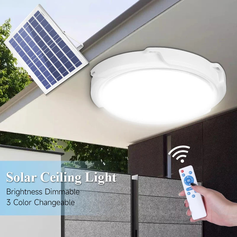 Solar light, Dimmable solar ceiling light with adjustable brightness and color change functionality.