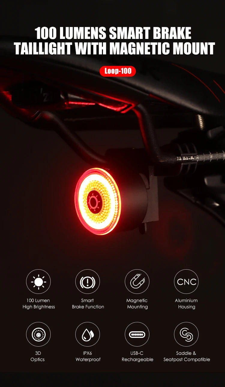 Gaciron LOOP-100 Smart Brake Bike Tail light, Smart brake tail light with magnetic mount, 100 lumens, and rechargeable via USB-C.