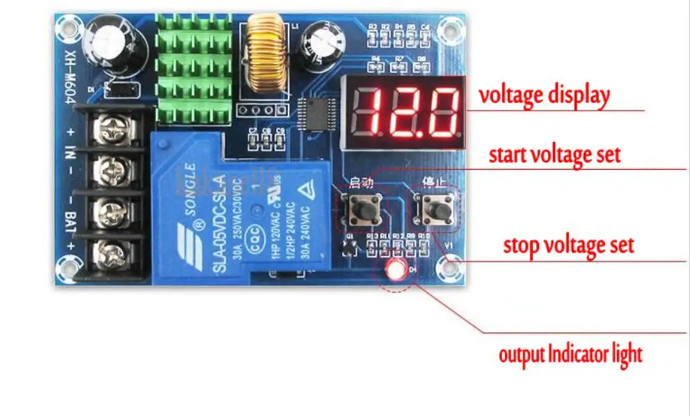 6-60v lead-acid Battery Charging Controller, Charges lead-acid batteries in various voltages with protection board and indicator lights.