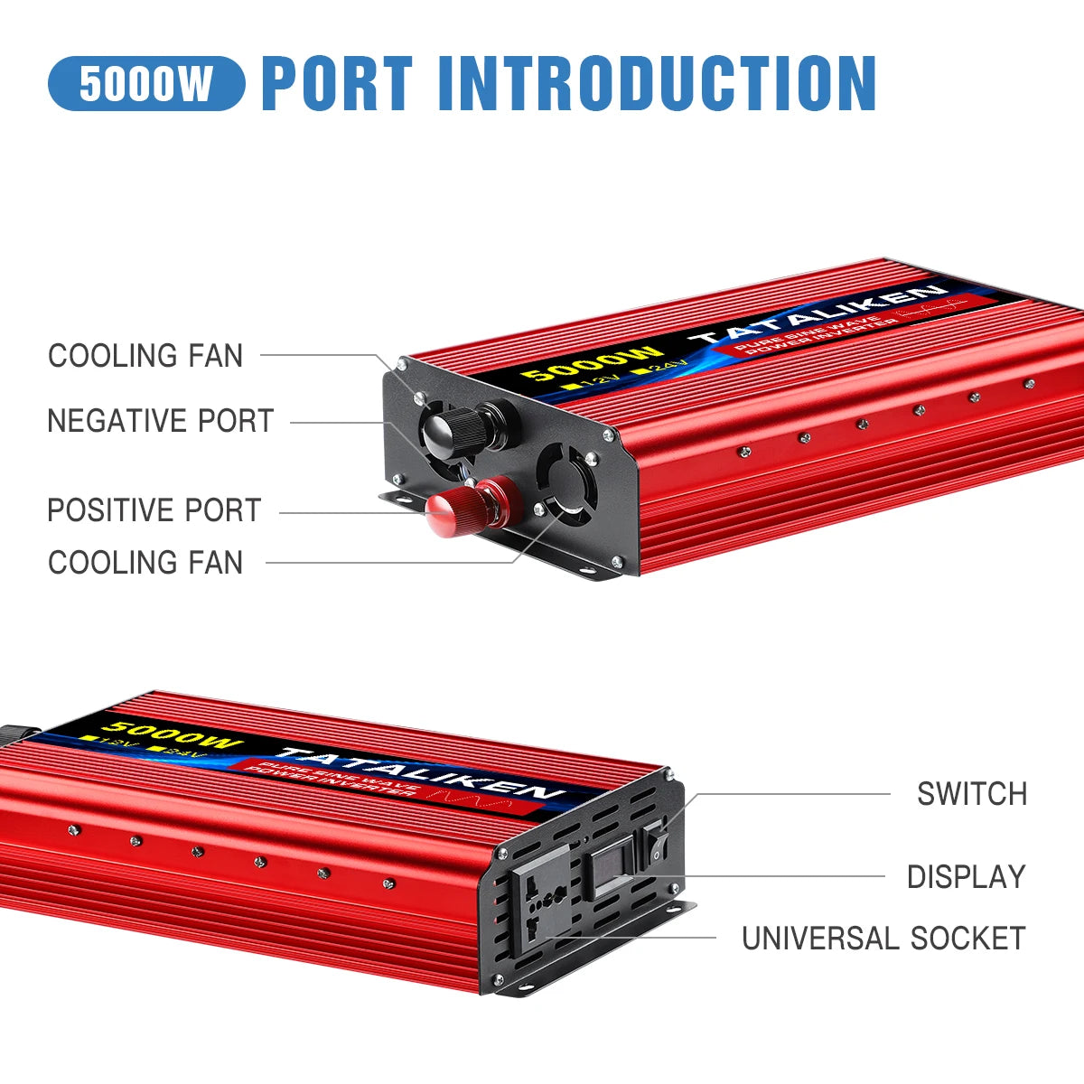 Pure sine wave inverter converts DC power to AC power with features like LED display, cooling fan, and universal socket.