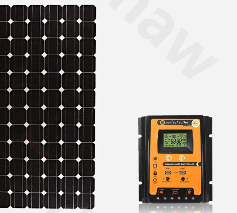 MPPT Solar Charge Controller, MPPT solar charger controller for 12V/24V batteries with adjustable current, USB charging, and LCD display.
