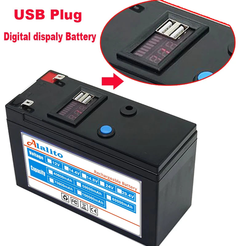 Powerful 12V lithium battery pack with digital display for solar energy and EVs.