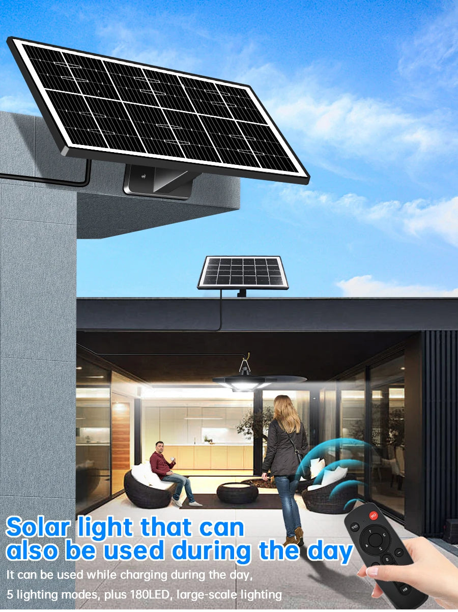 Modern solar pendant lights with 5 modes and 180 LEDs for daytime charging and warm nighttime illumination.