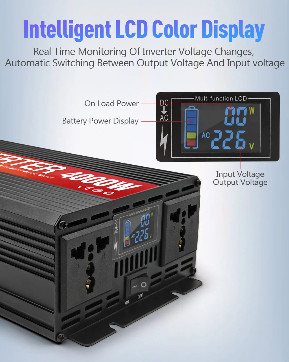 LED 3000W Pure Sine Wave Inverter, Pure sine wave inverter converts 12V DC to 220V AC, suitable for off-grid solar power systems.