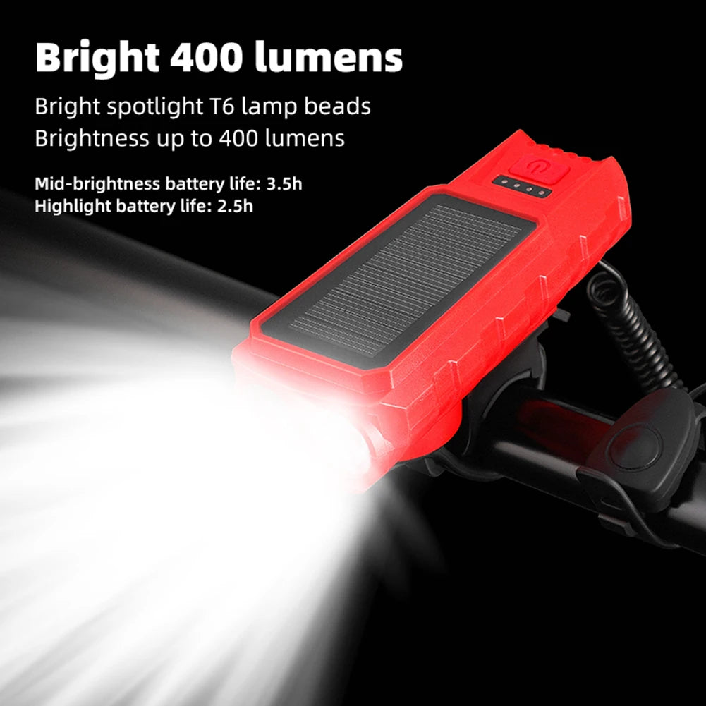 Solar USB Rechargeable Bicycle Headlight, Brings bright light with 400 lumens and adjustable modes.