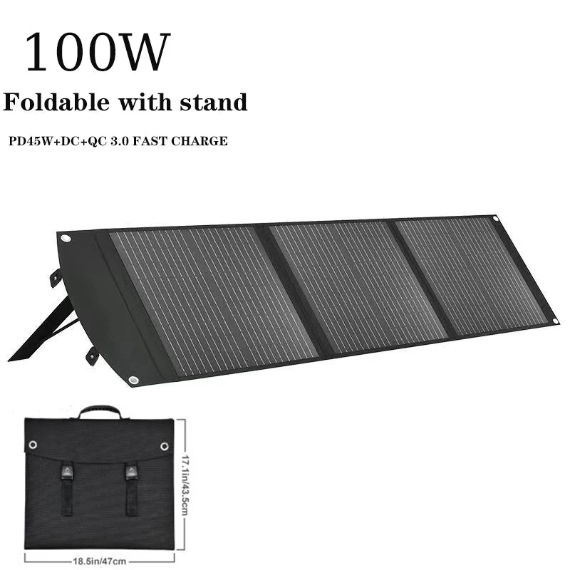 Outdoor Solar Panel, Outdoor folding solar panel with stand for quick charging via USB-C, DC, and QuickCharge 3.0.