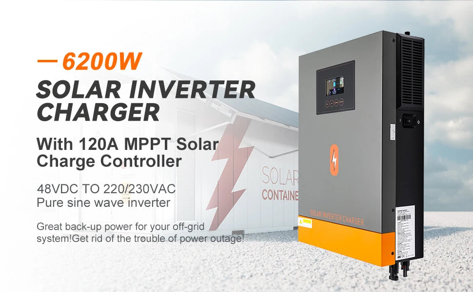 PowMr 6200W Grid Tied Inverter, PowMr's 6200W inverter charger converts solar power to grid-ready AC for reliable off-grid backup power.