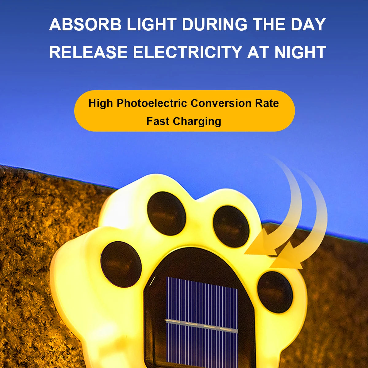 Solar LED Light, Solar-powered device charges during day, emits soft light at night, converts sunlight quickly.