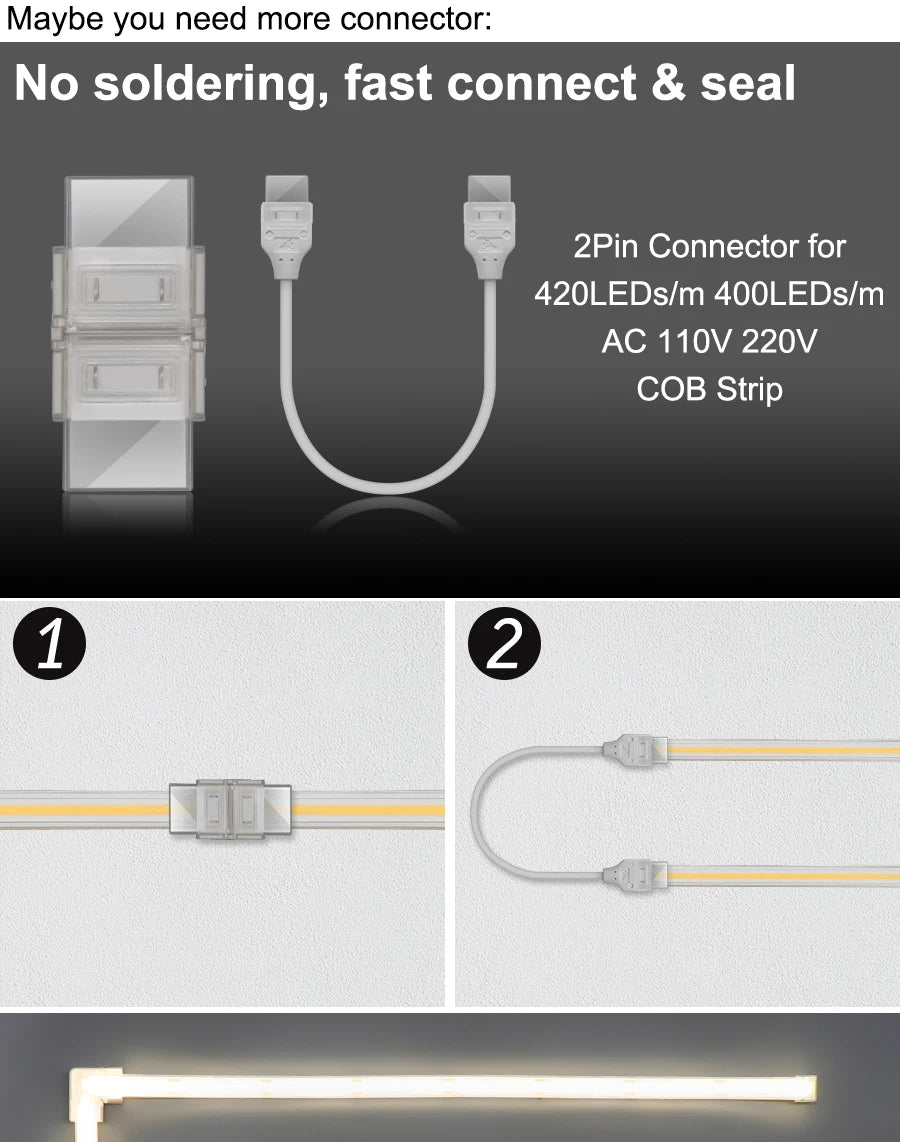 Easy connection and sealing with 2-pin connector for COB LED strip lights.