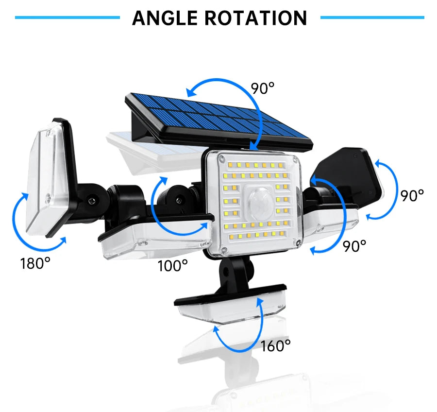 Solar Motion Sensor Flood Light, Solar-powered flood light with 2400mAh battery, charges during the day, turns on at night.