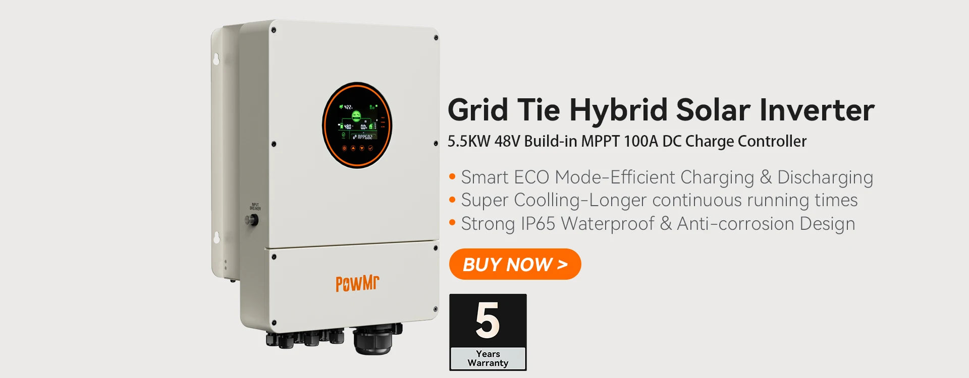 PowMr Grid Tie Inverter, PowMr's Grid Tie Hybrid Solar Inverter: efficient charging & discharging, waterproof, and anti-corrosion design.