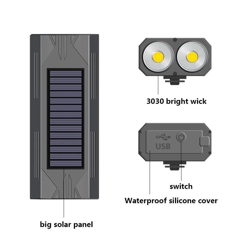 1200mAh MTB Solar Bike Light, LED light with USB switch, waterproof cover, and solar power charging.