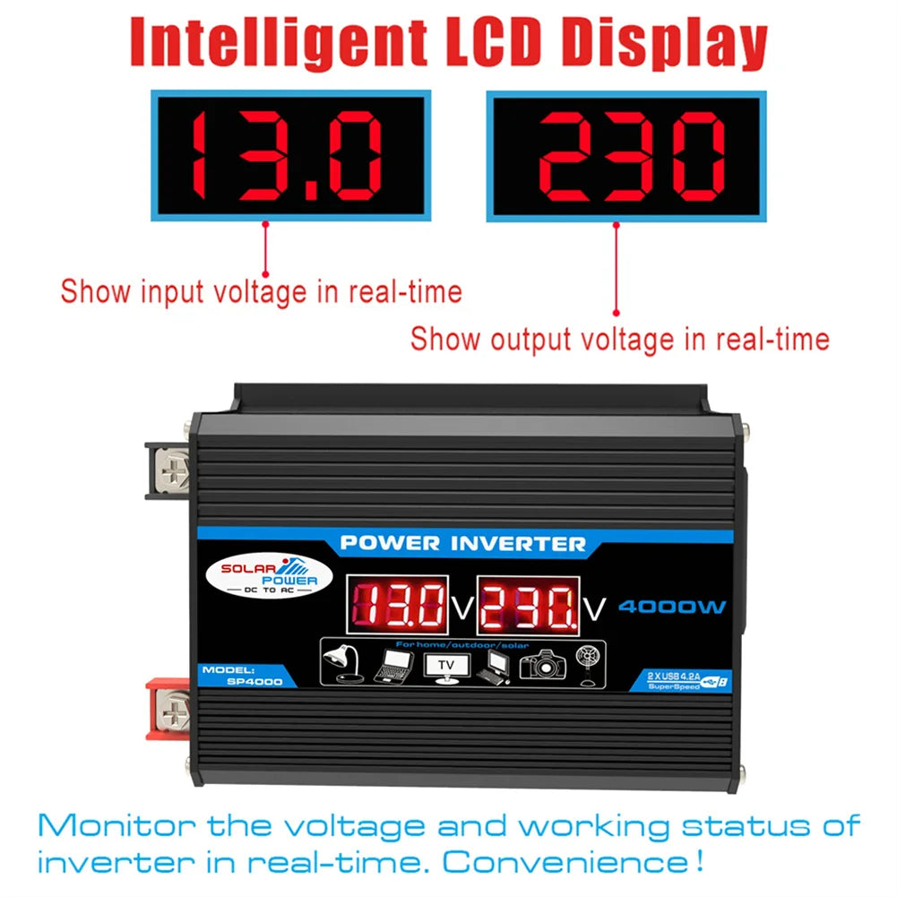 4000W Peak Solar Car Power Inverter, Real-time voltage display and LED indicator for solar power inverter's status.