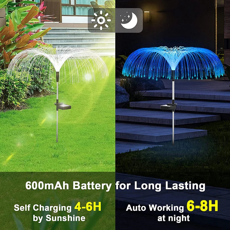 Solar LED Firework Fairy Light, Solar-powered lights with rechargeable battery, auto-on feature, and 6-8 hour nighttime brightness.