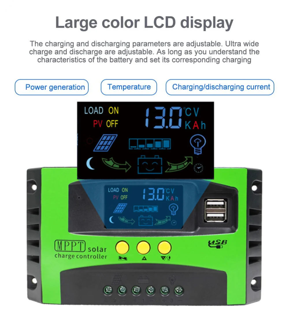 Large color LCD display for setting charging/discharging parameters and monitoring battery performance.
