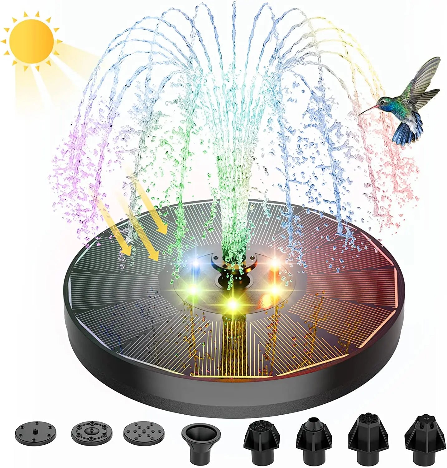 3W Solar Fountain, Solar-powered water fountain with color-changing LED lights stores daytime energy for nighttime display.