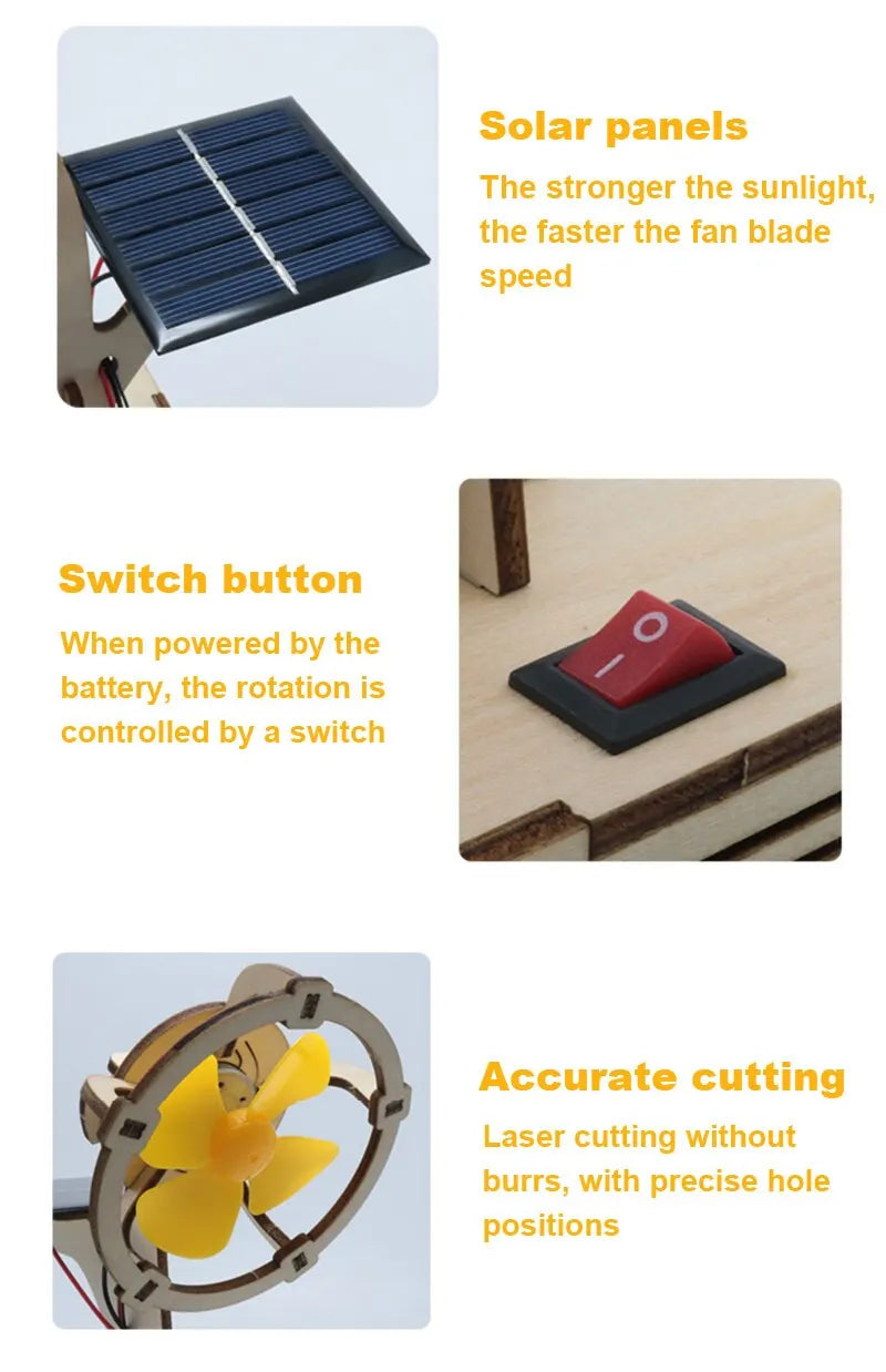 Children DIY Solar Powered Electric Fan Toy, Solar-powered fan toy with adjustable speed and battery backup, precision-cut with laser accuracy.