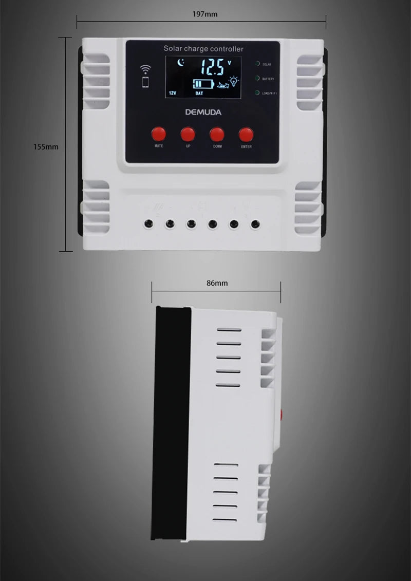 WiFi APP Control Solar Charge Controller, Demuda solar charge controller, 197mm long, measures 155mm x 86mm.