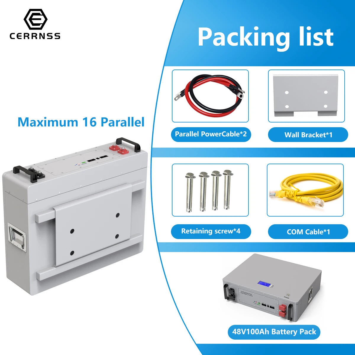 Powerwall LiFePO4 48V 100AH 5KW Battery, Package contents: 100Ah battery, power cables, bracket, screws, and COM cable for solar panel setup.