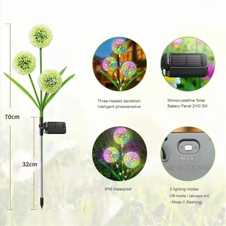 LED Outdoor Solar Light, Solar-powered garden lights with three heads, water-resistant, and dual brightness modes.