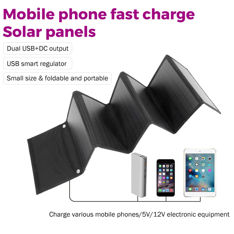 60W/100W Solar Panel, Compact, foldable fast-charge solar panel with dual USB+DC outputs for charging mobile devices.